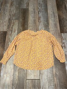 Tie-Neck Yellow Floral Blouse with Smocked Cuffs by Pleione